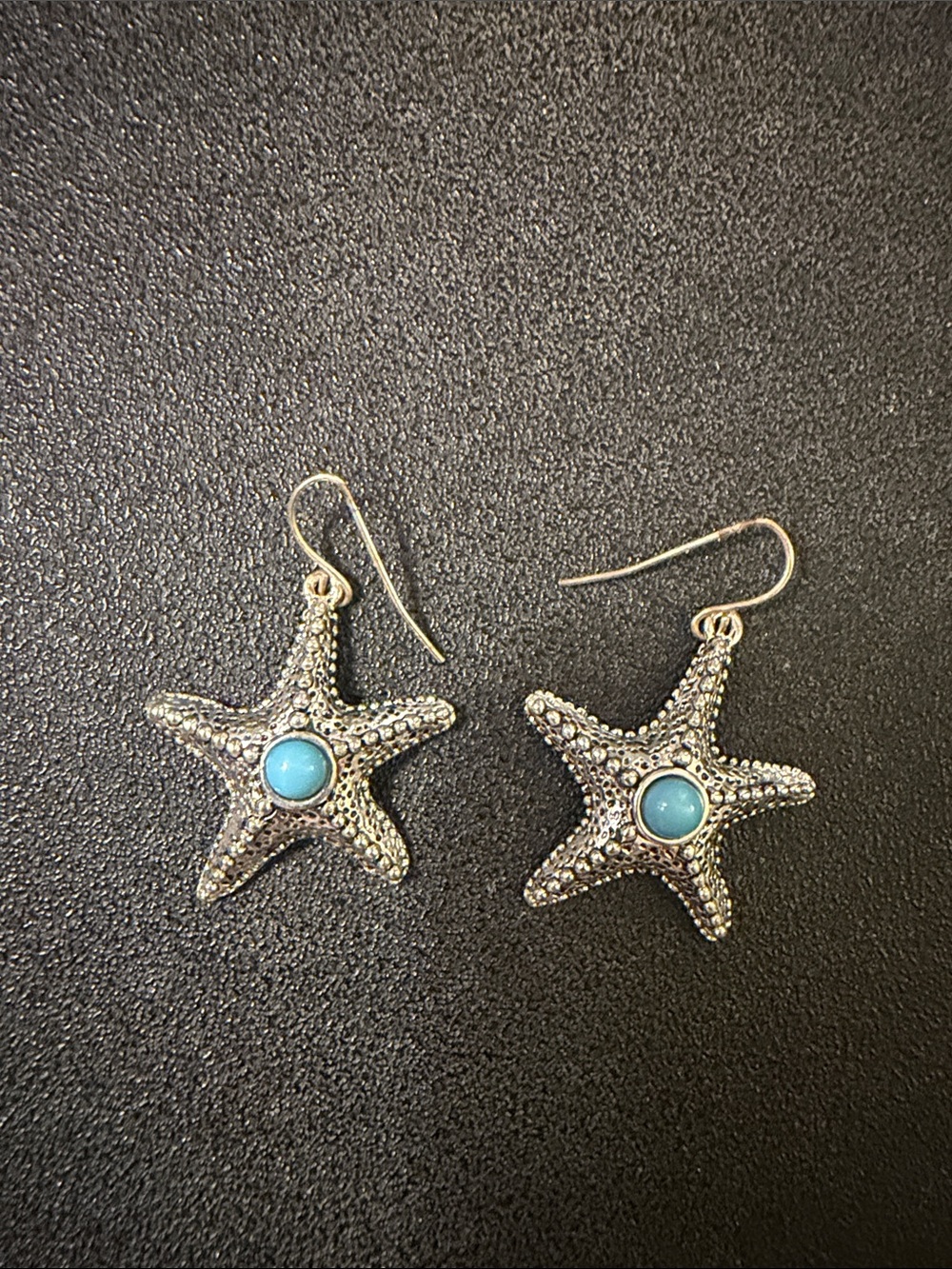Silver Starfish Drop Earrings with Turquoise Blue Center
